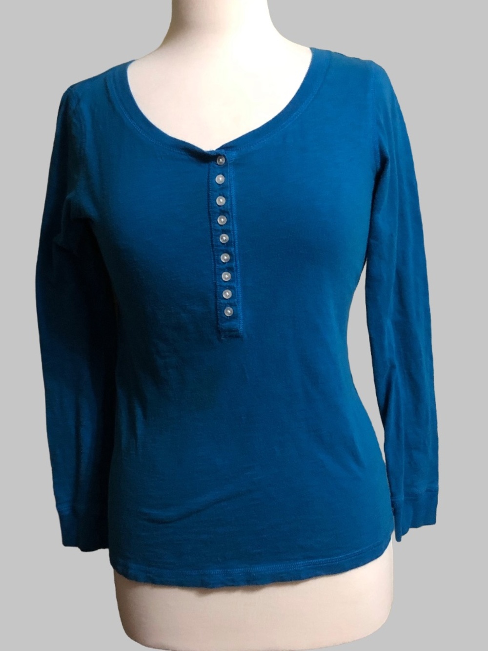 LFL Teal Blue Long Sleeve Henley Tee Shirt Cotton Knit Top Size S